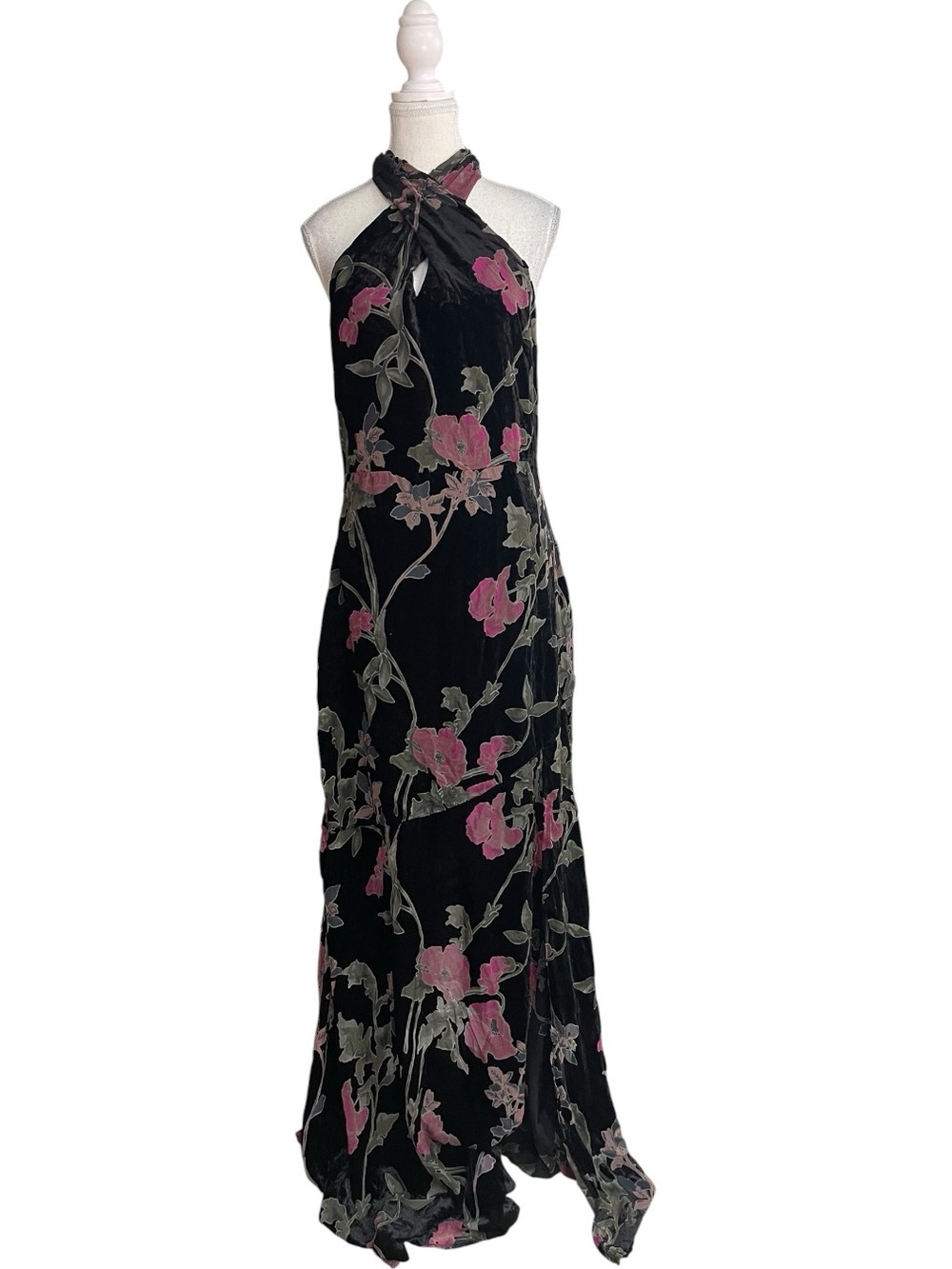 Lulus Flawlessly Gorgeous Burnout Floral Halter Maxi Dress Black Pink Floral